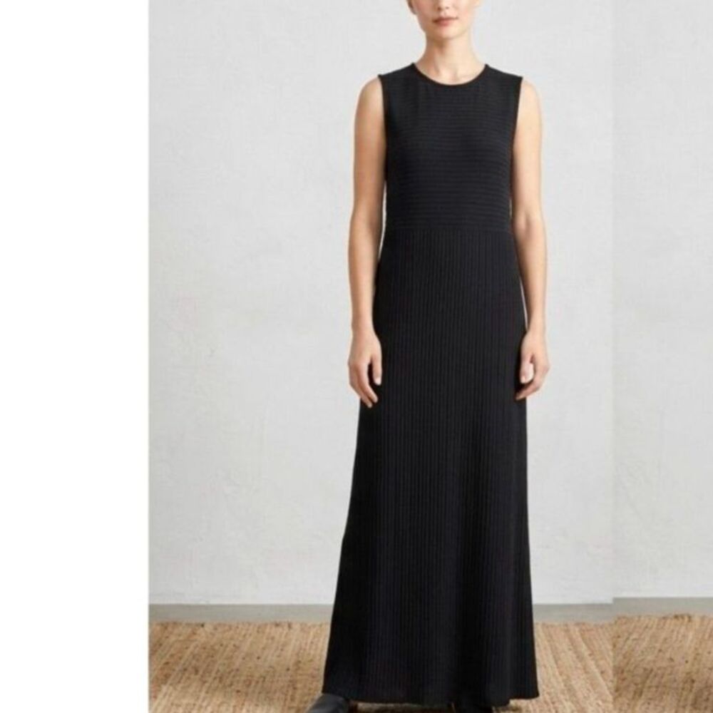 VTG Eileen Fisher Black Rayon Ribbed Maxi Dress Sleeveless Made in USA Sz L - Picture 2 of 9